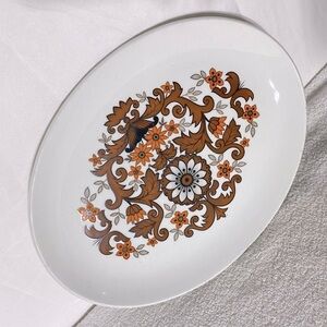 Vintage Cassandra Hostess Tableware MCM Brown Orange Floral Print Oval Platter